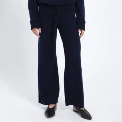Navy Wide Leg Cashmere Trousers
